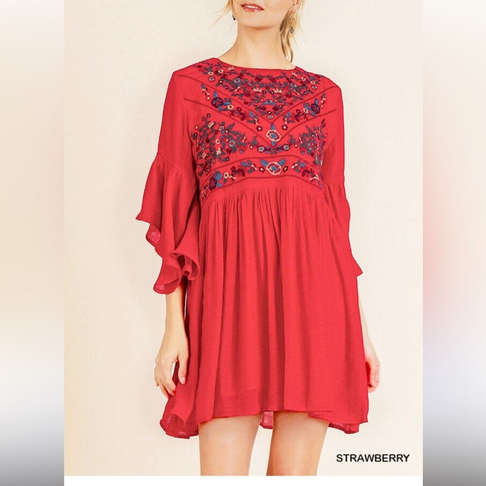 Umgee red floral embroidered flowy mini dress
